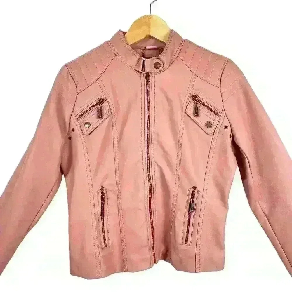 Joujou Pink Faux Leather Moto Jacket Girls XL /Wmn S Y2K Rocker Biker Girly Girl - Picture 3 of 16